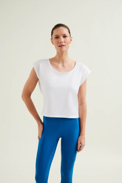 GOTS-certified organic cotton women's yoga top in Diamond White providing sustainable support for active lifestyles, made from biodegradable materials