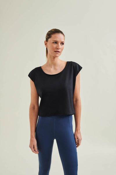 Circular Fashion Yoga Cropped Tank in Caviar Black - Non-toxic, no microplastic shedding, and biodegradable